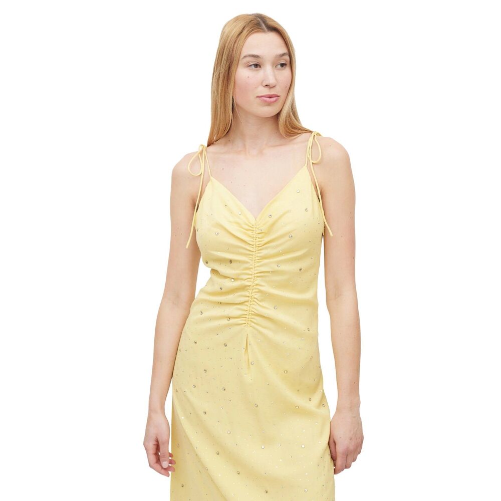 Sandro Praline Rhinestone Maxi Dress Yellow Plunge V-Neck Crossover Strap Sz 38 - Picture 4 of 15